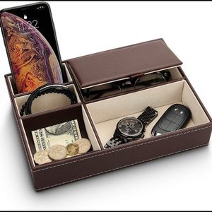 Modern Expression Faux-Leather Valet, Multiple Felt Covered Compartments, Brown